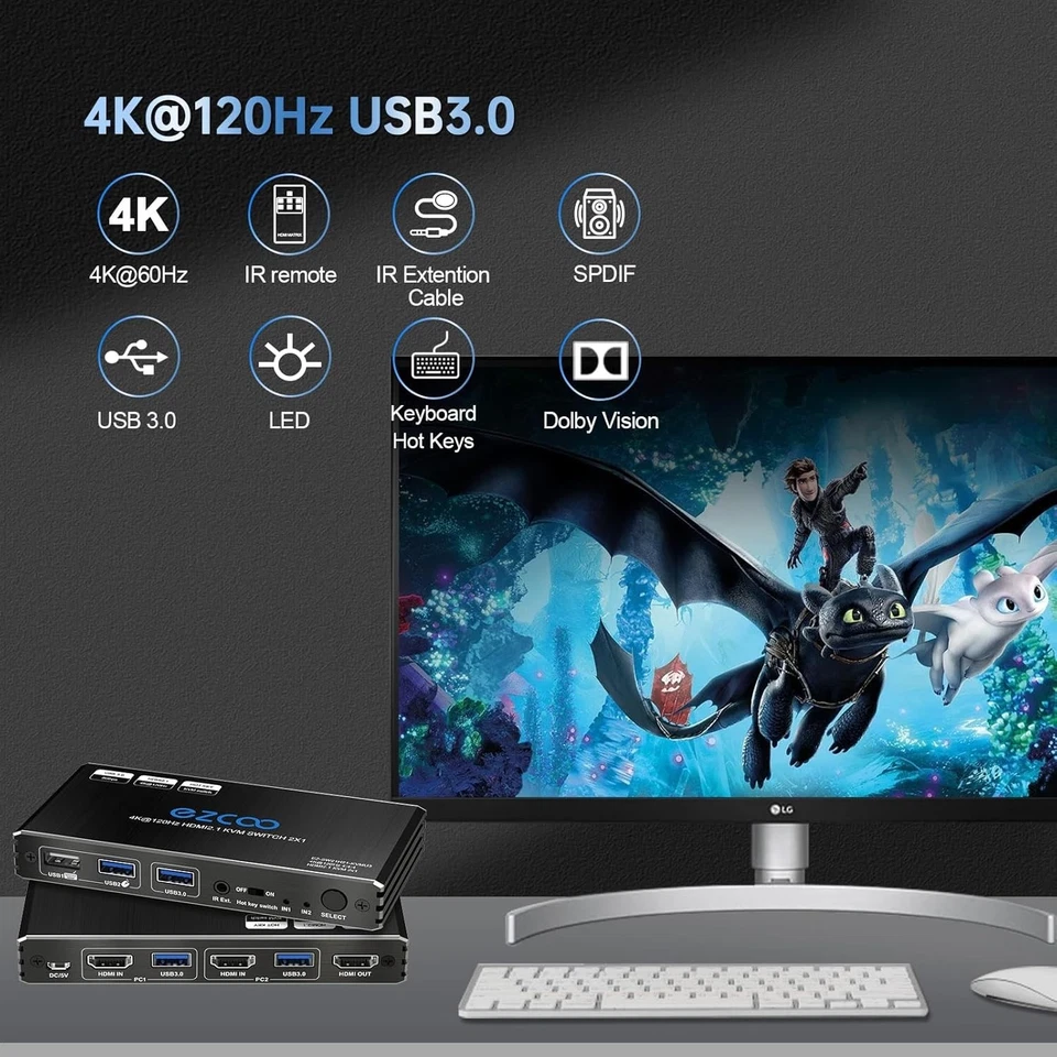 8K HDMI 2.1 KVM Switch 4K 120Hz 8K 60Hz USB 3.0 Hotkey 48Gbps IR Remote 2 Por... - Bild 4 von 4