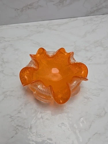 VTG Orange Silver Crystal Murano Glass Flower Trinket Dish, Catchall, Ash Tray
