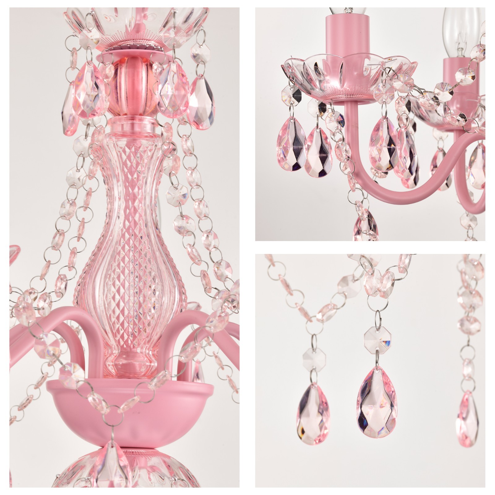 Plug-In Crystal Chandelier Pink 4-Light Mini Ceiling Fixture for Girls Bedroom