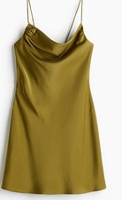 Satin Golden Olive Slip Dress Women's Small Tie-Detail Model Coquette Chic Luxe