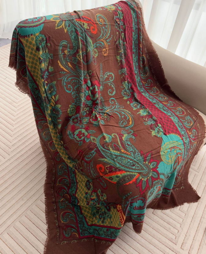 100% Wool Shawl Brown vine Print Scarf Neckerchief 190X130cm Bandanna Wrap new