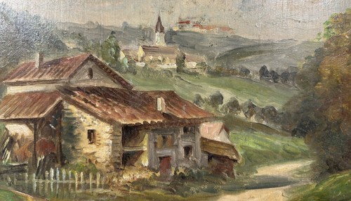 Ancienne huile sur panneau signée : vue d'un village en France Ecole Française - Photo 5/12