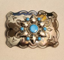 Vintage Southwest Bell Trading Nickel Silver  Turquoise Belt Buckle 1970s