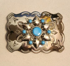 Vintage Southwestern Bell Trading Nickel Silver & Turquoise Belt Buckle 1970s