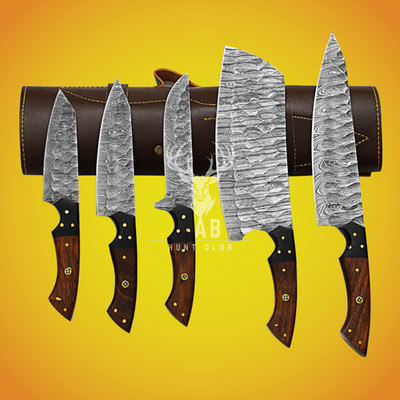 Handmade Damascus Steel Kitchen Knife Set   5 Pc Chef Knives / Rosewood Handle