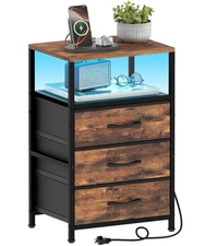 Night Stand with Charging Station, 11" D x 15" W Nightstand with LED Light, B...