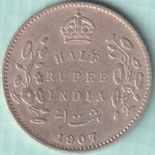 BRITISH INDIA 1907 KING EDWARD VII HALF RUPEE RARE SILVER COIN