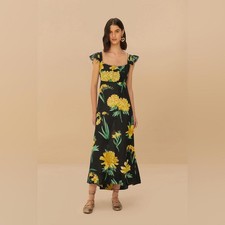 Farm Rio Black Alice Yellow Flowers Maxi Dress XS Nwt