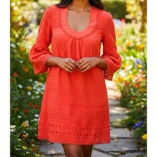 Trina Turk Bonita Size 0 Embroidered Eyelet Dress Orange Poppy Bell Sleeve 