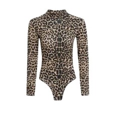 Womens Long Sleeve Polo Neck Bodysuit Ladies Turtle Leotard Printed Top UK 8-26