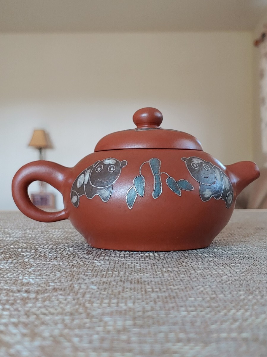 宜兴老一厂荆溪王制镶嵌银丝熊猫紫砂壶Vintage Chinese Yixing Zisha