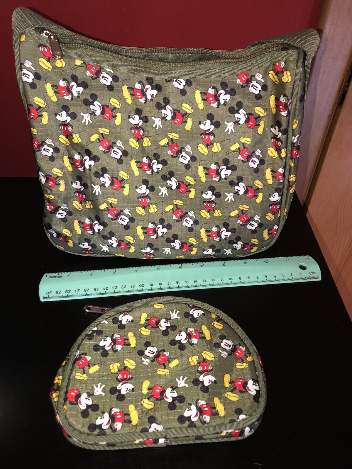 NWOT Disney Mickey Mouse Vinyl Zip Shoulder Bag Olive Green & Coin Purse Lunch
