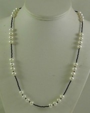 Freshwater White Button Shape Pearl and Black Spinel Necklace with Silver Clasp