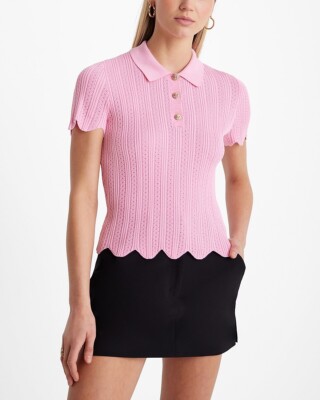 EXPRESS Ribbed Scalloped Novelty Button Short Sleeve Polo Sweater S