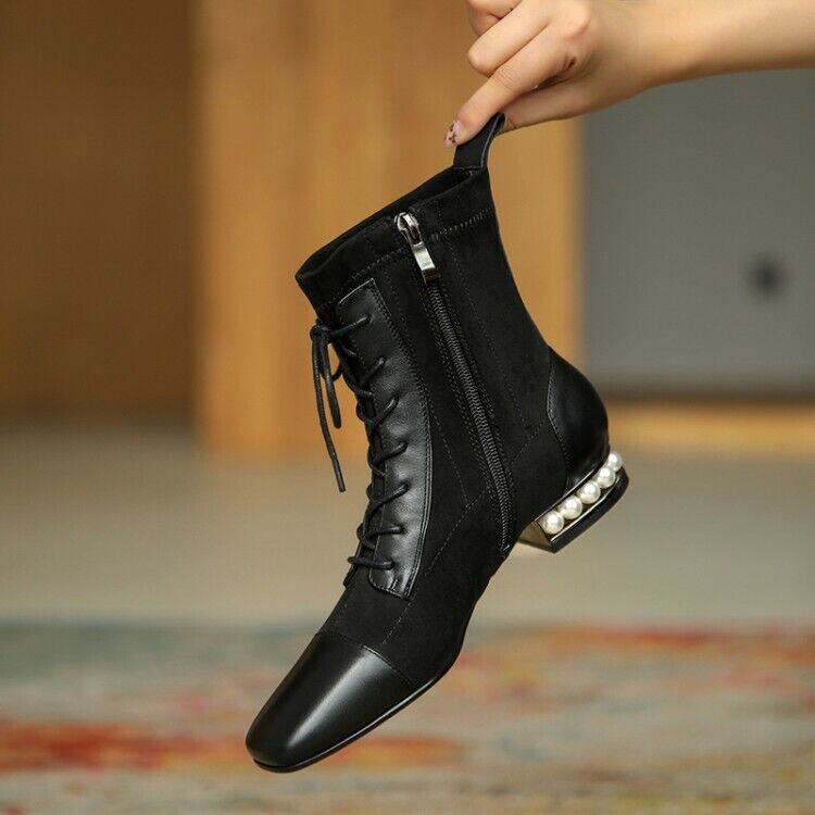Womens Fashion Lace Up Pearls Block Motorc Boots Ankle Low Heels Max 67% OFF Don't miss the campaign