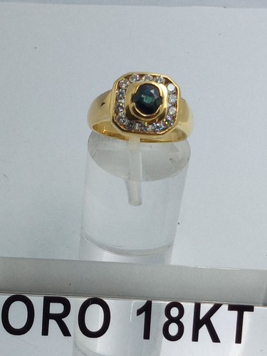 Anello in oro giallo 750 18 carati pietra blu/verde e bianche gr 5,7 misura n 14 - Foto 1 di 12