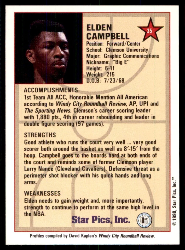 1990-91 Star Pics Elden Campbell Clemson Tigers #35 - Image 2 of 2