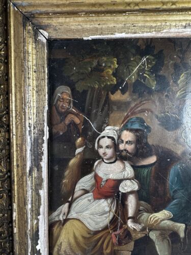 Dipinto olio su latta XVIII e XIX secolo uomo e bambino seduto tipo rinascimentale usura - Foto 4 di 15