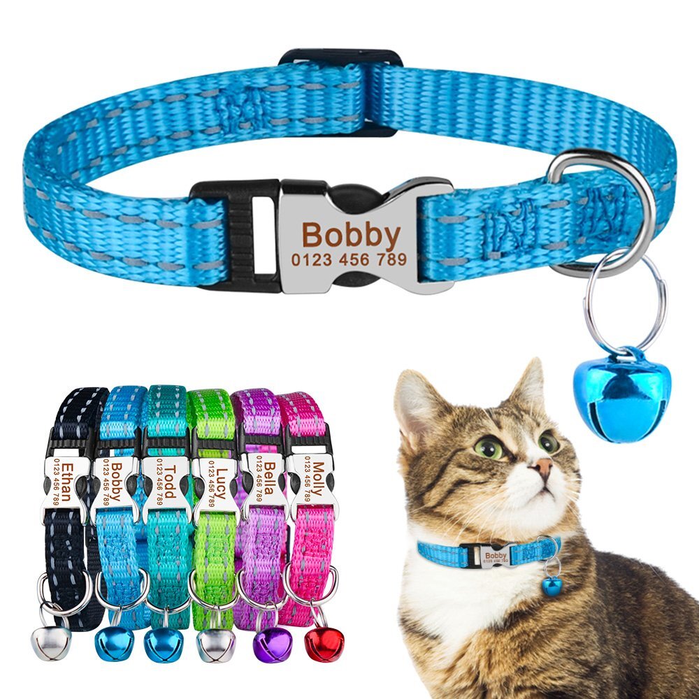 Nylon Reflective Personalized Kitten Cat Collar with Bell Engraved Name Tag