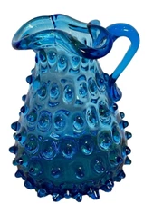 50s Empoli Cobalt Blue Hobnail Hobbs Brockunier Art Glass Ball Pitcher Italy