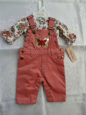 NWT Little Lass Pink Butterfly Cotton Overall 2 Piece Set in size 0-3 Months
