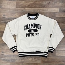 Champion Sweatshirt Mens Medium Cream Reverse Weave Spell Out Crew Neck Stain