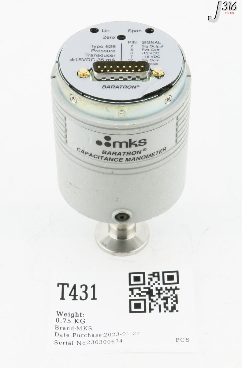 T431 MKS BARATRON CAPACITANCE MANOMETER, TYPE 626, 1.333KPA T431 MKS BARATRON CAPACITANCE MANOMETER, TYPE 626, 1.333KPA