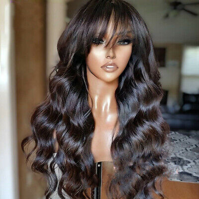 Indian Human Hair Wig With Bangs Body Wave Hairline Baby Hair Pre-Pluck  Glueless | eBay