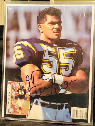JUNIOR SEAU SIGNED BECKETT (COVER PAGE ONLY),”SAY-OW” INSCRIBED. RARE!! HOF 2015