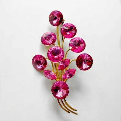 Vintage Austrian Crystal Flower Bouquet Pink Rivoli Rhinestone Brooch