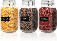 Set of 3 Square Glass Jars with Airtight Lids 51 Oz , Wire Clamp Canisters for