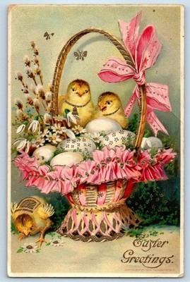 Easter Greetings Chicks Eggs Pipe Berry Flowers Basket Gel Gold Gilt Postcard