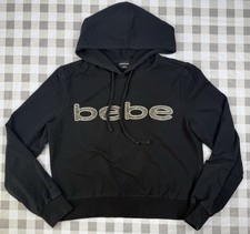 bebe Rhinestone Logo Hoodie Y2K Glam Cropped Black Sparkle L