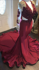 Burgundy Gold Formal Gown with Floral Appliqu and Train