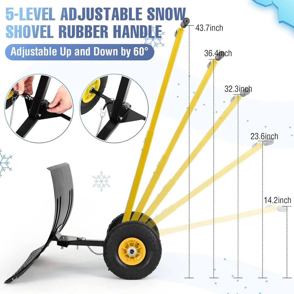 Snow Shovel Pusher w/ Adjustable Handle & Wheels for Driveway Snow Removal - Image 4 of 4