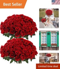 50 Pcs Artificial Roses Red Flowers Fake Velvet Silk Roses with Stems Bulk Re...