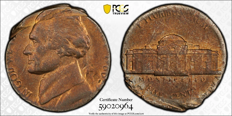 1980-P Jefferson Nickel Mint Error Struck On Damaged Cent PCGS MS64RB Very Rare! - Image 2 of 4