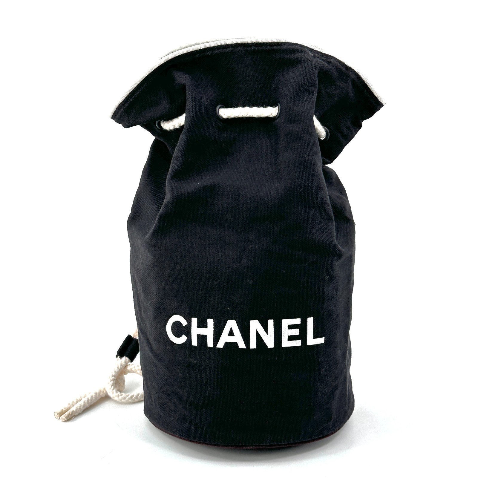 CHANEL Pool bag Shoulder Bag Logo drawstring black canvas vinyl  Women authentic
