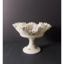 Fenton Silver Crest Comport “Violets in the Snow” by Beth Nash 1970s Milk Glass