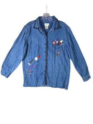 Bobbie Brooks Women s XL MUA Denim Artist Embroidered Long Sleeve Button-Up