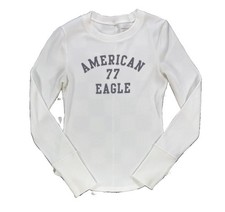 American Eagle Waffle Knit Thermal Long Sleeve Logo Shirt Women's Medium White