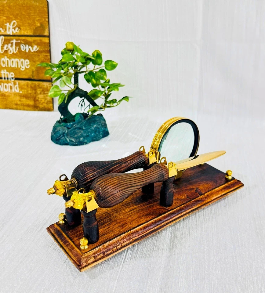 🔅 Brass Desk Set Letter Opener & Magnifying Glass Wood Handle Magnifier - Image 3 of 4