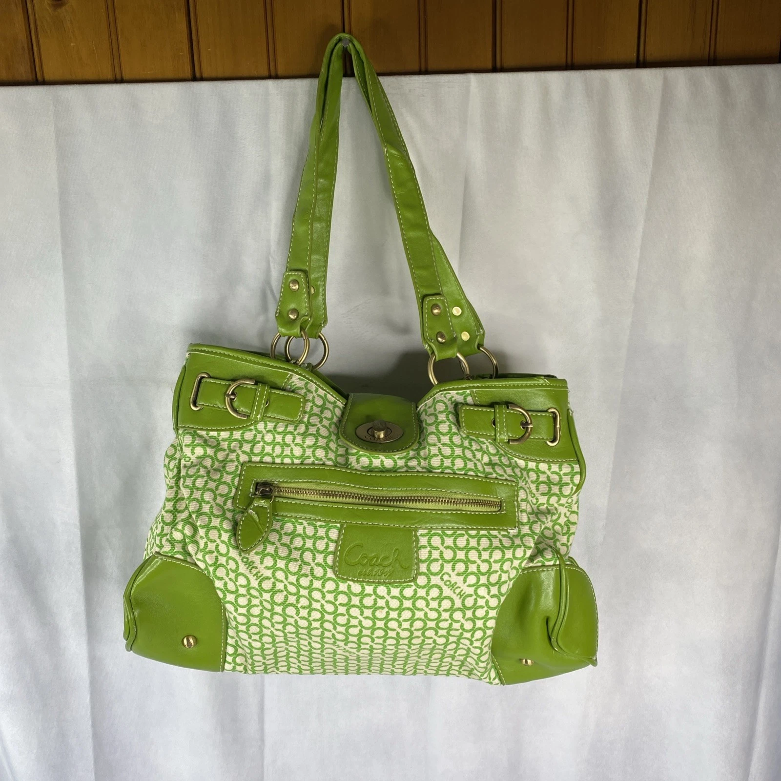 Borsa a tracolla Coach Penelope Op Art verde pelle rivestita tela LEGGI