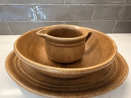 Vintage Monmouth Pottery Mojave Brown Maple Leaf Platter Bowl Creamer Set USA