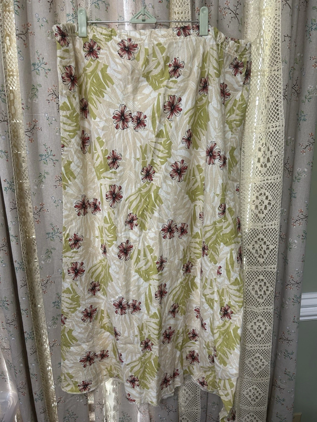 Aegean 100% Linen Tropical Floral Midi Skirt Large Made in Turkey