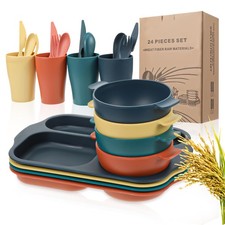 24 Pcs Wheat Straw Dinnerware Cutlery Sets, Kids Toddlers Divided Plates Unbr...
