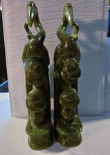 Pair Of Antique Hand Carved Hetian Nephrite Jade Of Cranes Perched on LotusLeaf 
