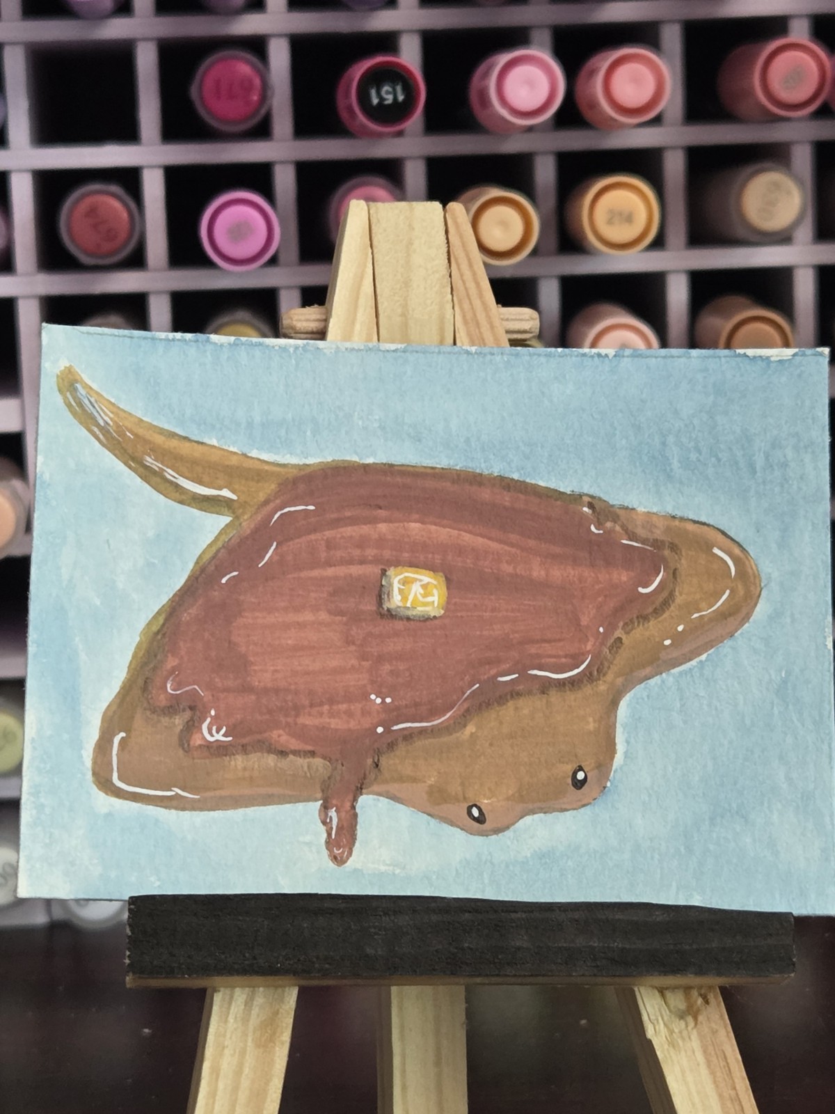 ACEO Original Kawaii Folk Painting Jessica Disparti Whimsical Stingray Pancake
