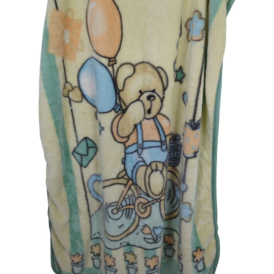 Vintage Teddy Bear Baby yellow blue Blanket Soft Fleece Balloons Bicycle Print - Image 4 of 4