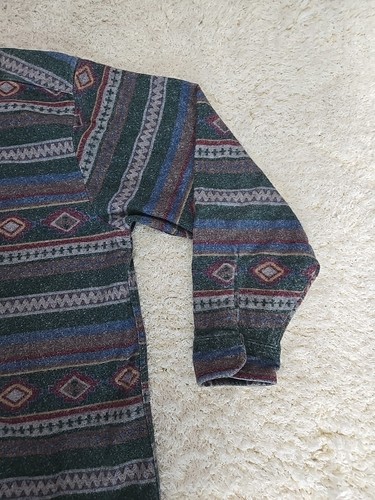 Vintage LL Bean men’s L shirt with gray, green, and red Aztec fluted pattern and button-down front.